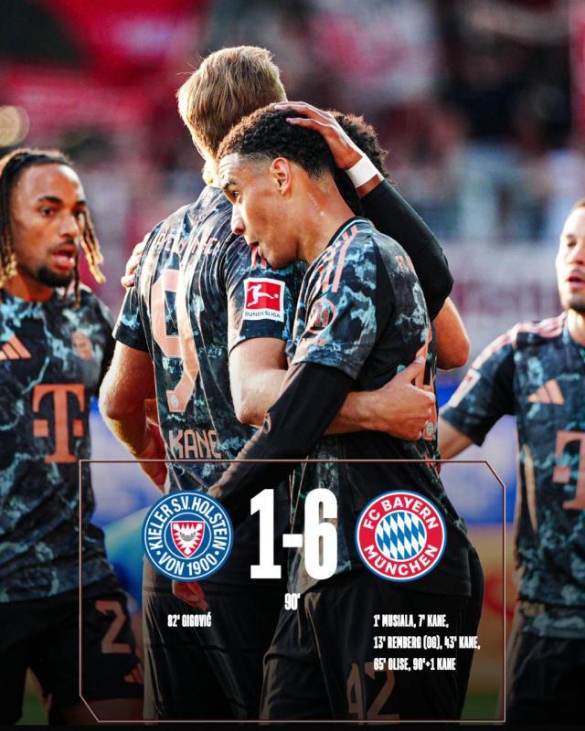 【德甲】拜仁6比1大胜基尔，穆西亚拉闪击，凯恩戴帽